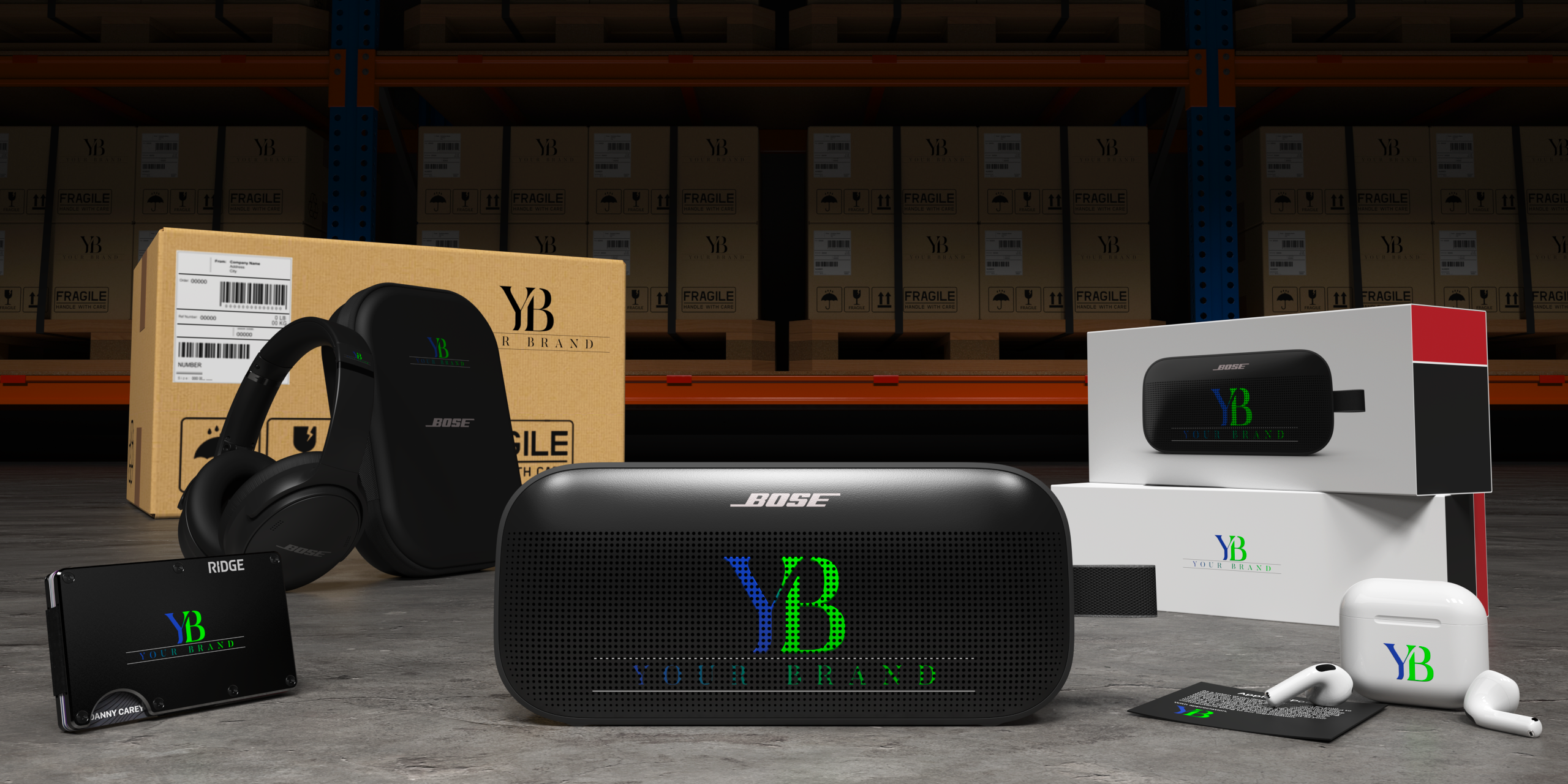 Branded devices including speakers, earbuds, and accessories in a warehouse setting